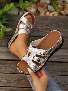 Elegant Women's Platform Wedge Sandals With Thick Sole, Plus Size, Fashion High-Heel Comfortable Suitable For Home, Party, Beach Casual - Silver - View 2
