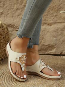 1 Paar Damen Boho Strass Knopf Plateau Keilsandalen, für Strand, Zuhause, Büro, Frühling/Sommer