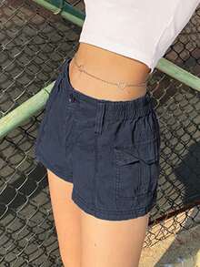 Women Y2k Cargo Shorts Solid Color Vintage Casual Summer Low Rise Elastic Shorts With Pockets E-Girls Slim Fitted Short Pants Club Streetwear - Navy Blue - View 4