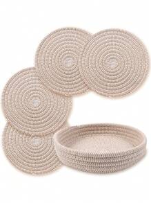 Soporte de rejilla de aproximadamente 20,3 cm (8 pulgadas) apto para platos, ollas y sartenes calientes, posavasos resistente al calor grueso para la cocina, alfombrilla, artículos de cocina esenciales, decoración de mesa y encimera, con cesta de almacenamiento, set de 5 piezas (4 posavasos + 1 cesta de almacenamiento)