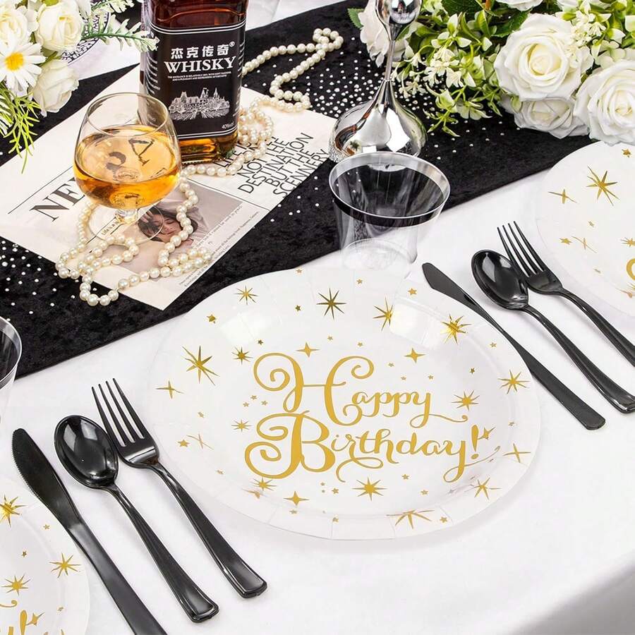 Happy Birthday Paper Plates 10/20/30 Pack Party Supplies 7inch White Gold Party Dessert Plates Round Plates For New Year Birthday BabyShowers Wedding Party Decorations - Multicolor - View 1
