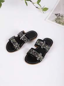 A Pair Of Stylish Girls Diamond Decorative Casual Slippers, Suitable For Vacation Play