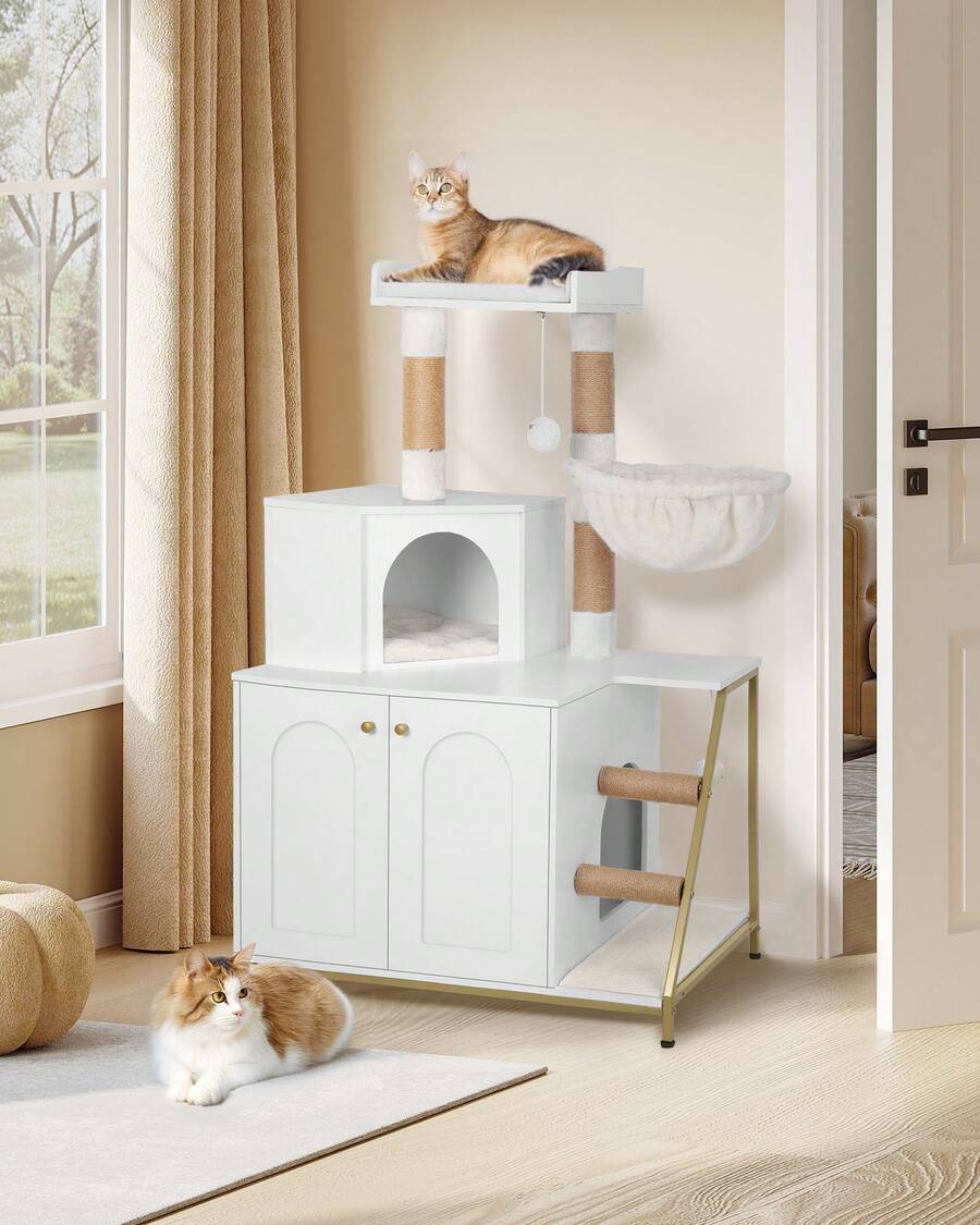 HaluPeit Cat Litter Box Enclosure With Cat Tree, 4-In-1 Modern Cat House With Large Platform, Cat Condo With Sisal Scratching Mat, Posts, Stairs And Pompom, Washable Cushions, White And Gold - White - View 1