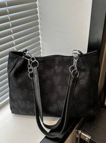 Large-Capacity Women's Casual Tote Bag With Heart Charm, Elegant For School, Shopping