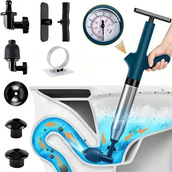 Smontatore di scarichi Musurjoy, set di tirabacinI per WC, attrezzo per rimuovere intasamenti, pistola per scarichi ad alta pressione con manometro di pressione dell'aria visivo, in acciaio inossidabile per bagno, lavandino, scarichi a pavimento, fogne, regalo per San Valentino e Pasqua (Possibili lievi graffi e stampe a causa del materiale plastico, ma non influiscono sull'utilizzo)