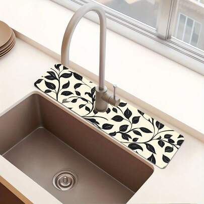 1 pièce Tapis de séchage de vaisselle imprimé feuilles noires, tapis antihumidité pour robinet, convient pour la cuisine et la salle de bain, tapis absorbant les éclaboussures du robinet de salle de bain, décoration de printemps et d'été pour la cuisine et la table, peut être offert en cadeau