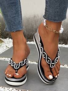 Sandali con zeppa da donna con decorazioni in perle, stile bohémien, punta aperta, fondo spesso, alla moda e versatili