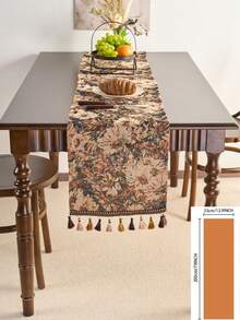 1 件复古美式农舍风格桌旗，咖啡色花卉提花带流苏，厨房/餐厅装饰，节日派对生日餐桌装饰，适合所有季节