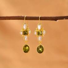 Aretes vintage de cristal y perla falsos con diseño geométrico verde, accesorios elegantes y creativos para fiestas