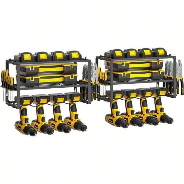 Yeabett Werkzeug Wandhalterung Akkuschrauber Halterung Werkzeugspeicher Aufbewahrung 3 Ebenen WerkzeugstäNder mit Schraubendreher Halter 4 Bohrerhaltern für Garage Werkstatt 42*20*24cm 2 Pack