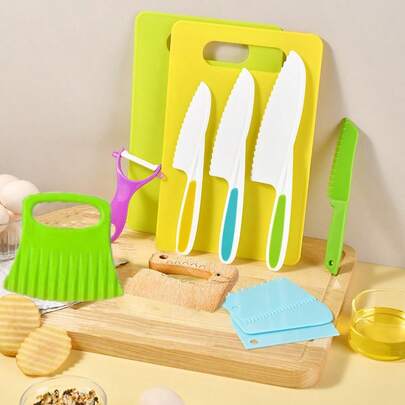 10 herramientas de cocina Montessori, un verdadero set de cuchillos de cocina, que incluye cuchillos de material ABS, tablas de cortar, cortadores de sándwiches, peladores, adecuado para regalos de cumpleaños