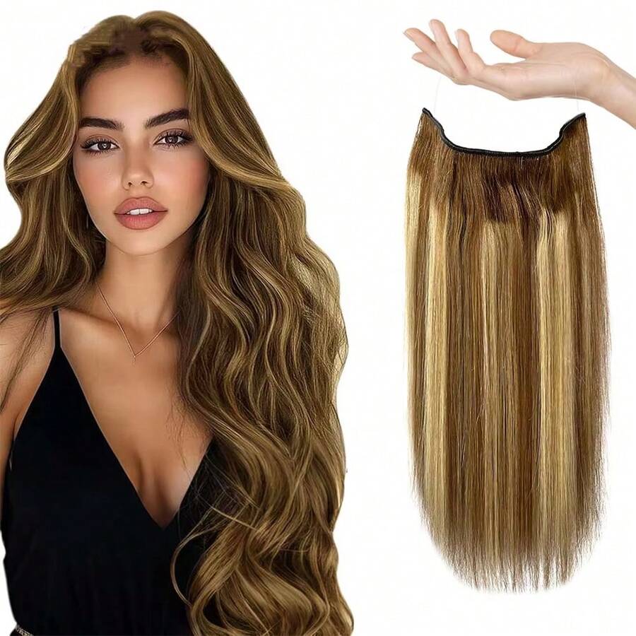 Invisible Fish Line Hair Extensions Straight Human Hair Brown Highlights Wire Hair Extensions #4/27 Highlight Hidden Hairpiece