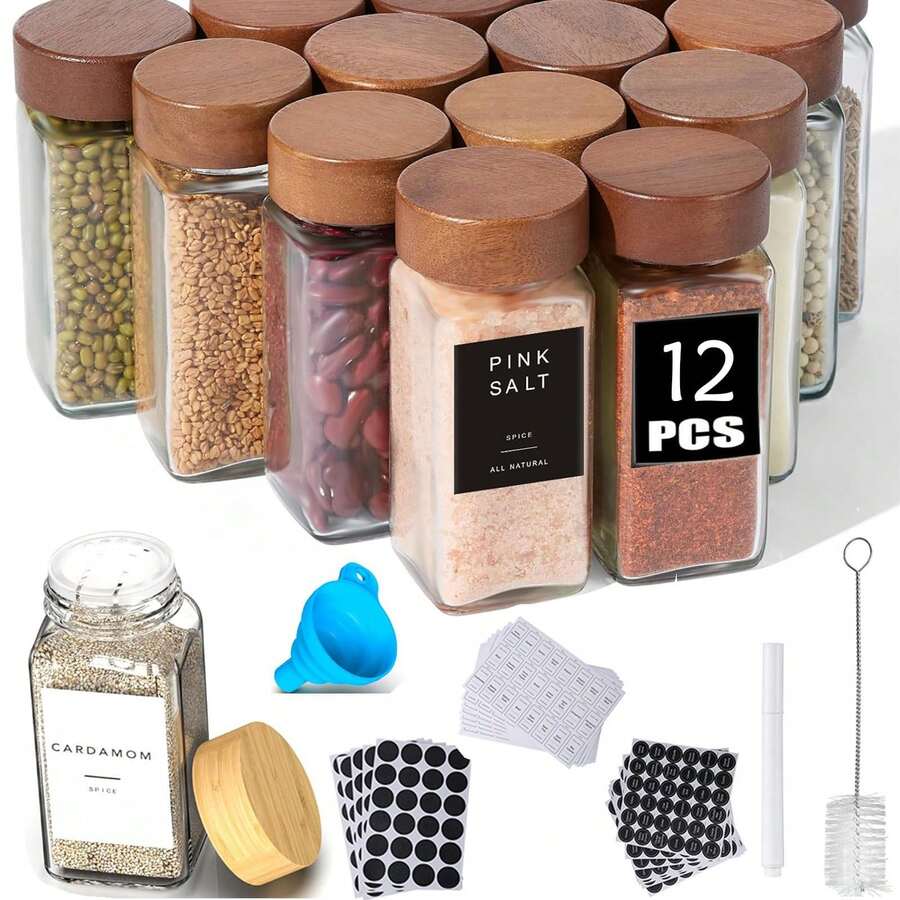 12/24 PCS Glass Spice Jar With Bamboo Lid, 4 Oz Glass Jar With Minimalist Farmhouse Spice Label Sticker, Collapsible Funnel, Brush, Pen, Spice Storage Bottle For Spice Racks, Cabinets, Drawers - Gói 12 cái - Xem 1