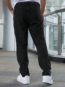 Men's Blue Straight Washed Jeans, High-End Minimalist Versatile Button Zipper Casual Pants, All Season - Black - View 2