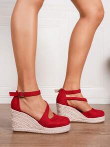 Giày đế xuồng đế xuồng quai mắt cá chân tối giản dành cho nữ, giày lười đế xuồng đế xuồng đế xuồng đế đay màu đỏ giả da ngày lễ - Đỏ - Xem 7
