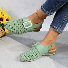 Women's Perforated Slingback Comfort Clogs, Buckle Closure: Stylish Design, Non-Slip Rubber Sole, Latex Insole For Comfort, Perfect For Shopping, Parties, And Casual OutingsPlainCoolVacationPolyesterBuckleCut OutOutdoorOfficeBeach