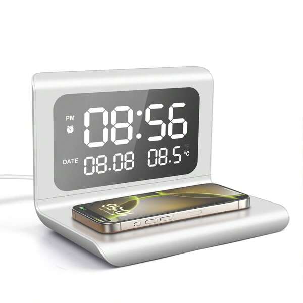 Kabellose Ladestation, Digitaler Wecker Für Schlafzimmer Nachttisch Büro Thermometer Datum-Anzeige 15W Kabellosen Ladepad kompatibel mit iPhone 16/15/14/13/12/11/X/SE/8, Galaxy S25/S24/S23/S22 Serie