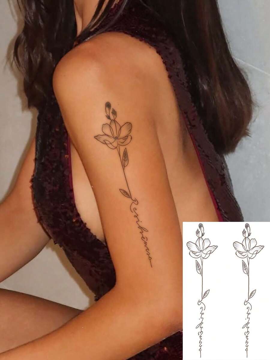 1 Stück wasserfestes temporäres Tattoo-Blatt mit Schmetterlings-, Blumen- und Englischbuchstaben-Designs, geeignet für modebewusste Nutzer - Verschiedenfarbig - Übersicht 1