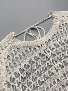 Women's Spring Summer Beach Outfits Bohemian Sexy Hollowed-Out Backless Long Sleeve Crochet Cover Up Sundress