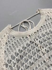 Women's Spring Summer Beach Outfits Bohemian Sexy Hollowed-Out Backless Long Sleeve Crochet Cover Up Sundress