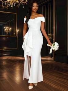 Vestido blanco elegante largo con hombros descubiertos, volantes y abertura para dama de honor, boda, fiesta nupcial, graduación, novia