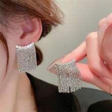 1 Pair Crescent Shaped Fringed Earrings, Minimalist & Versatile