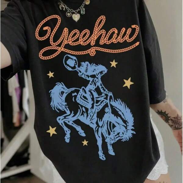 Maglietta in denim in stile western europeo. Abbinamento con elementi luminosi a forma di stella. Rappresenta la libertà e la passione della cultura del denim. Taglia S-xxxxl. Shopping da casa e sport all'aria aperta! Adatto per la primavera e l'estate. Regalo per le donne. Unisex