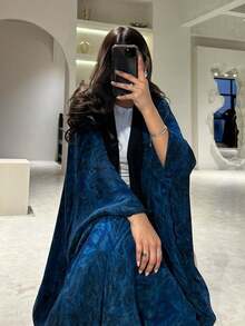 1 件优雅休闲人造丝雪纺扎染印花时尚开襟长袍 Abaya，精致面料和设计，朴素的长袍 - 深藍色 - 查看 2