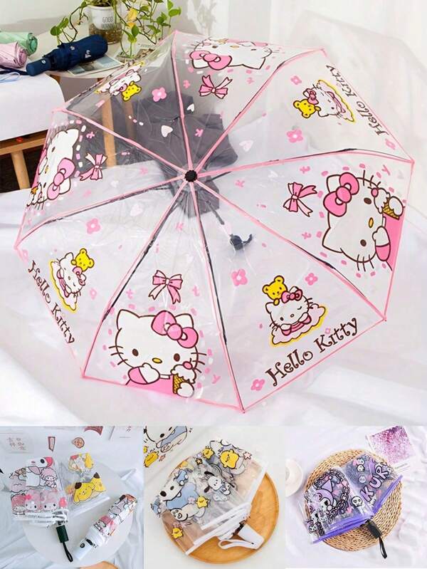 Sanrio Paraguas transparente de Hello Kitty Kuromi, lindo, plegable y de apertura automática, un regalo perfecto para ti, amigos y familiares para refrescarse en verano, la playa y viajar