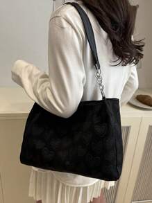 Large-Capacity Women's Casual Tote Bag With Heart Charm, Elegant For School, Shopping