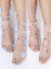 New Lace Mesh Mid-Calf Socks, Sweet Floral Net Fashionable Stack Socks For Women, Casual Summer