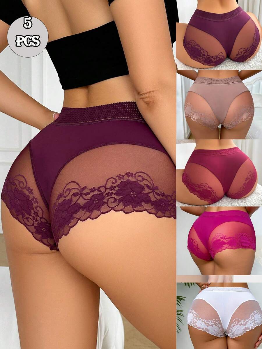 5 peças/pacote Calcinhas de Renda Femininas, Recorte de Renda Semitraslúcido Leve e Respirável com Padrão Floral Romântico, Secagem Rápida e Confortável - Multicolorido - Visão 1