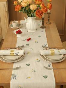 1 件奢华亚麻麦穗刺绣流苏桌旗，长方形农舍奶油色桌布，适合家居装饰