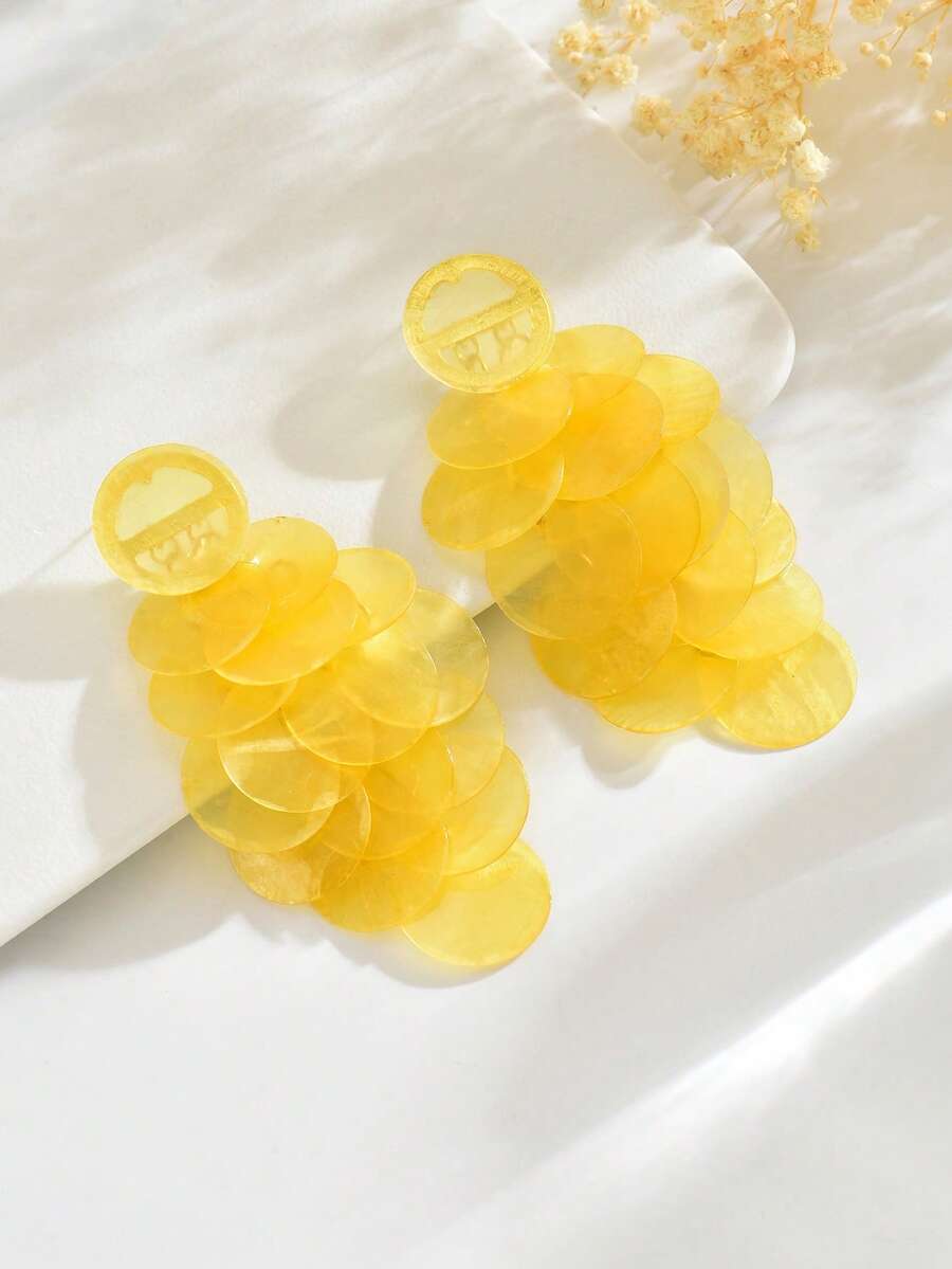 1對優雅奢華度假風誇張紋理不對稱圓盤長流蘇耳環,適合女性日常與度假穿著(圓盤表面紋理可能略有不同) - 黃色 - 查看 1