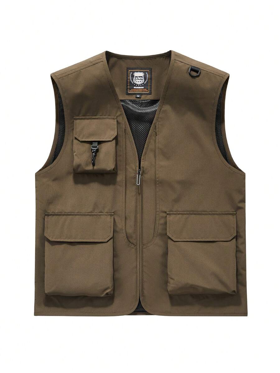 2025 Summer Men's High Quality Casual Fashionable Vest, Solid Color Multi Pocket Design, Suitable For Fishing, Outdoor, Hiking, With Extra Large Pockets - Coffee Brown - View 1