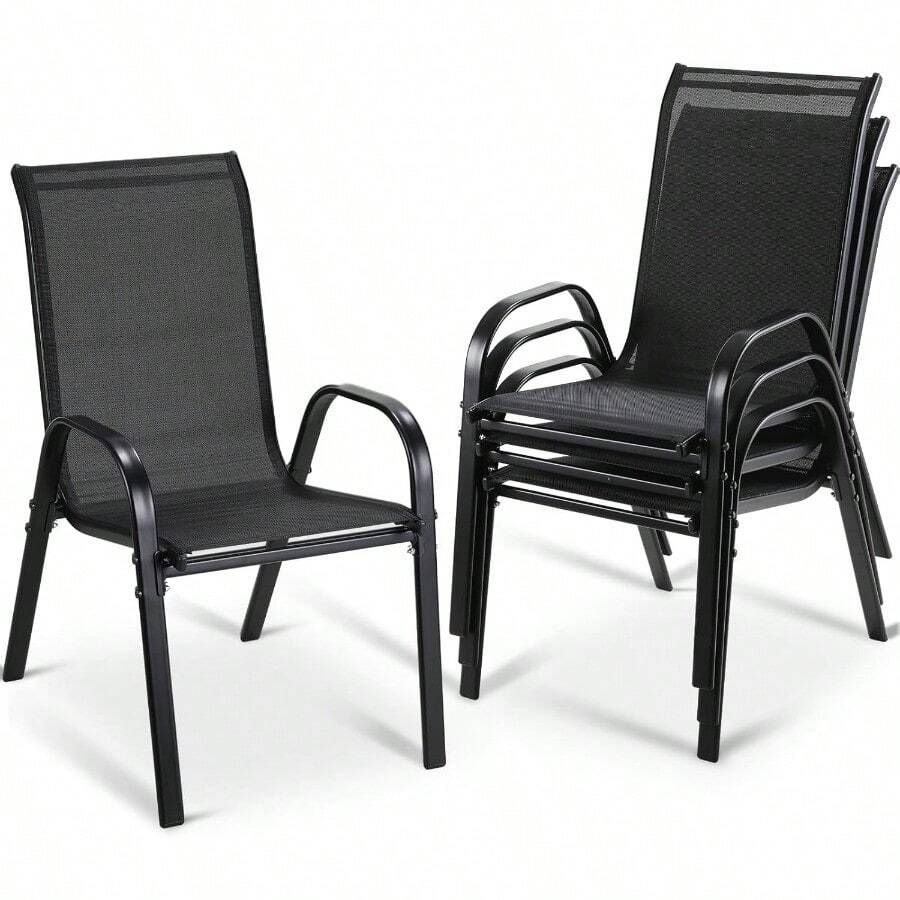 LIFERUN Gartenstühle Stapelstuhl Camping Stapelbar Hochlehner Terrassenstuhl Textilene Stahestell für Gärten Innenhöfe Balkone Restaurants 150 kg Belastbar 54 x 69 x 93cm 4 Schwarz - Schwarz1 - Übersicht 1