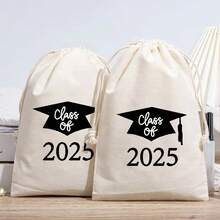 10 个/包米色印花毕业帽抽绳礼品袋，毕业礼品包装袋，印有 2025 年毕业帽图案，适合毕业派对和主题派对