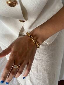 1pc 18K Gold Plated Chain Bracelet, Thick Link Bracelet, 6.5" Statement Bracelet, Stainless Steel Jewelry, Christmas Gift For Her