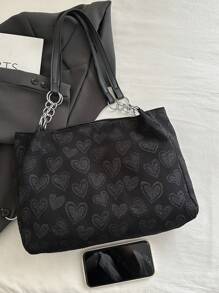Large-Capacity Women's Casual Tote Bag With Heart Charm, Elegant For School, Shopping