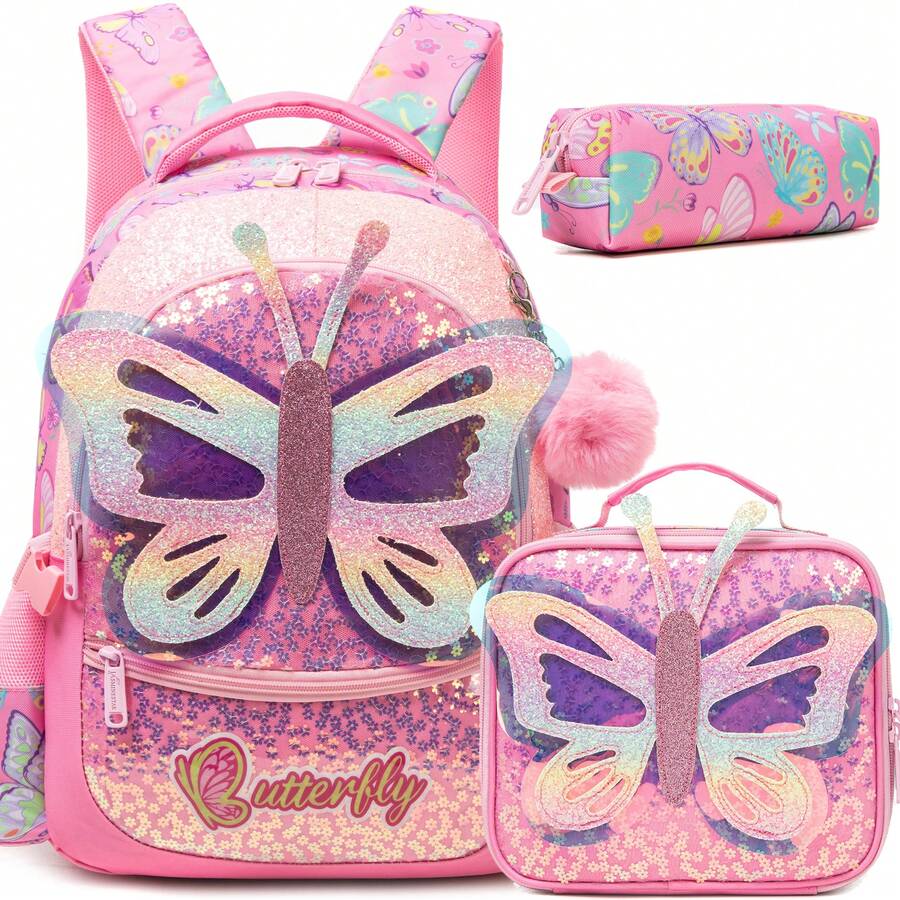 3PCS Kids Bag Girls Backpack Set For Primary School Butterfly Backpack For Girls For School With Lunch Bag And Pencil Case - Animal Style Girls' Schoolbag - View 1