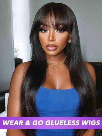 巴西处女真人发 180% 250% 密度直发假发 - 真人发全机制头皮顶部假发带刘海 - 无蕾丝前部 #1B 无胶长款真发自然色适合女性 - 8-24 26 28 30 英寸无胶多功能适合所有人日常佩戴和派对