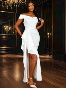 Vestido blanco elegante largo con hombros descubiertos, volantes y abertura para dama de honor, boda, fiesta nupcial, graduación, novia