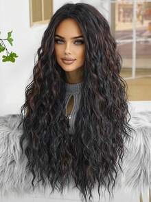 28 英寸长黑栗色多色卷发假发，带有亮点，女士浪漫美丽蓬松合成耐热假发，非常适合日常生活、派对、假日旅行、音乐节和节日礼物。 - 彩色 - 查看 7