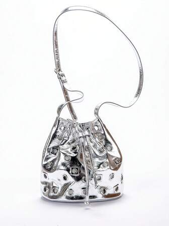 Bright Silver Metal Wind Nails Decorated Shoulder Bucket Bag, Punk Style Women's Crossbody Bag, Casual Hiking Bag, Suitable For Girls Women College Students Career Beginners And Office Ladies, Very Suitable For Work, Business Commuting And School Motorcycle Bag, New Arrival In Spring And Summer