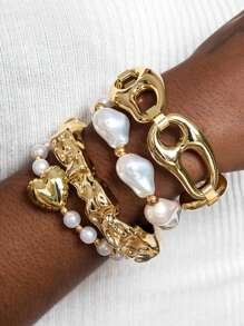 imoli Set de 4 pulseras elegantes y versátiles con perlas irregulares de resina blanca, corazón, nariz de cerdo y cuentas para mujeres, adecuado para fiestas y regalos (el tamaño de las perlas varía, cantidad de cuentas no especificada)