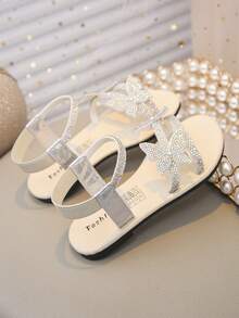 1 Đôi Sandal đế bằng trong suốt đính đá lấp lánh hình bướm thời trang xinh đẹp cho bé gái, phong cách tiên nữ, rất thích hợp để mặc vào mùa hè - Màu be - Xem 8