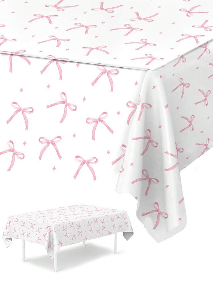 1pc/3pcs 130*220cm Pink Bow PE Tablecloth, Pink Birthday Decoration, Gender Reveal Party Home Decor, Wedding Supplies, Bow Birthday Decor, Bridal Shower Favor, Pink Bow Birthday Decoration, 1st Birthday Party Decor, Party Decoration, Gender Reveal Party Supplies, Holiday Party Supplies, Home Decor, Kitchen Decor, Dining Table Decor, Tabletop Cabinet Bar Cloth - Pink Bow - View 1