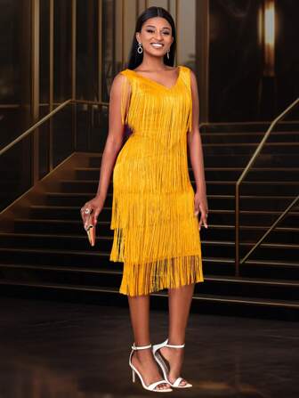 Vestido midi con escote en V sin mangas y flecos para mujer AOMEI, perfecto para bodas, invitadas de boda, despedida de soltera, fiestas elegantes, vacaciones, cumpleaños, graduación, cenas, regreso a casa y Nochevieja