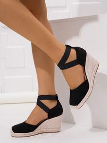 Women's Fashion Casual Vacation Straw Platform Wedge Slip-On Shoes - Black - View 3