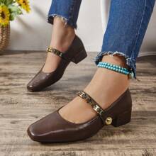 Women's Metal Chain Mary Jane Flat Shoes, 2025 Spring New Arrival, Fashion Buckle Retro Casual PU Leather Thick Heels, Elegant, Bohemian, Suitable For Beach Party, Office, Home & Outdoor, Spring/Autumn